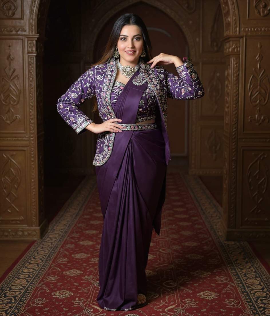 New Super Trending Embroidery Sequence Work Ready To Wear Saree With Full Koti