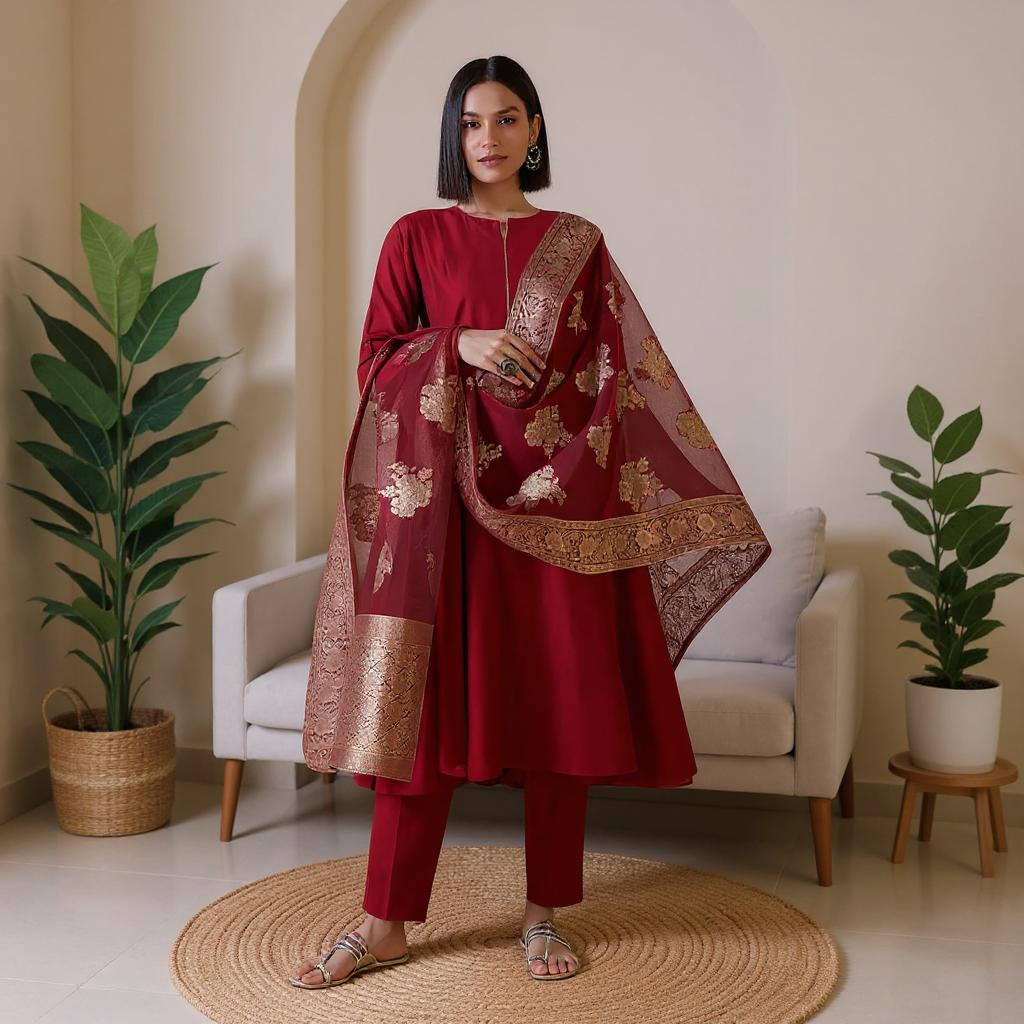 Women Silk Kurta Pant Dupatta Set