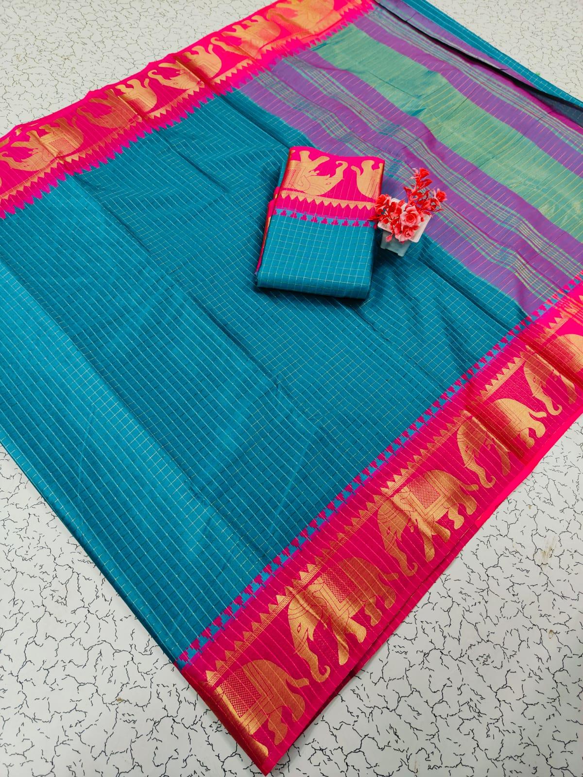 Trending Rashmika Checked Fancy Cotton Sarees Collection - Image 9
