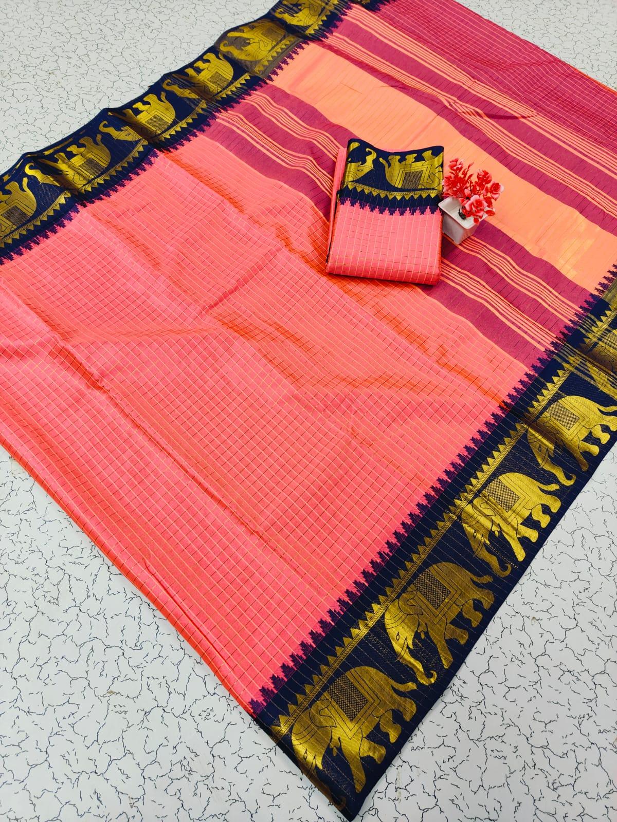 Trending Rashmika Checked Fancy Cotton Sarees Collection - Image 7