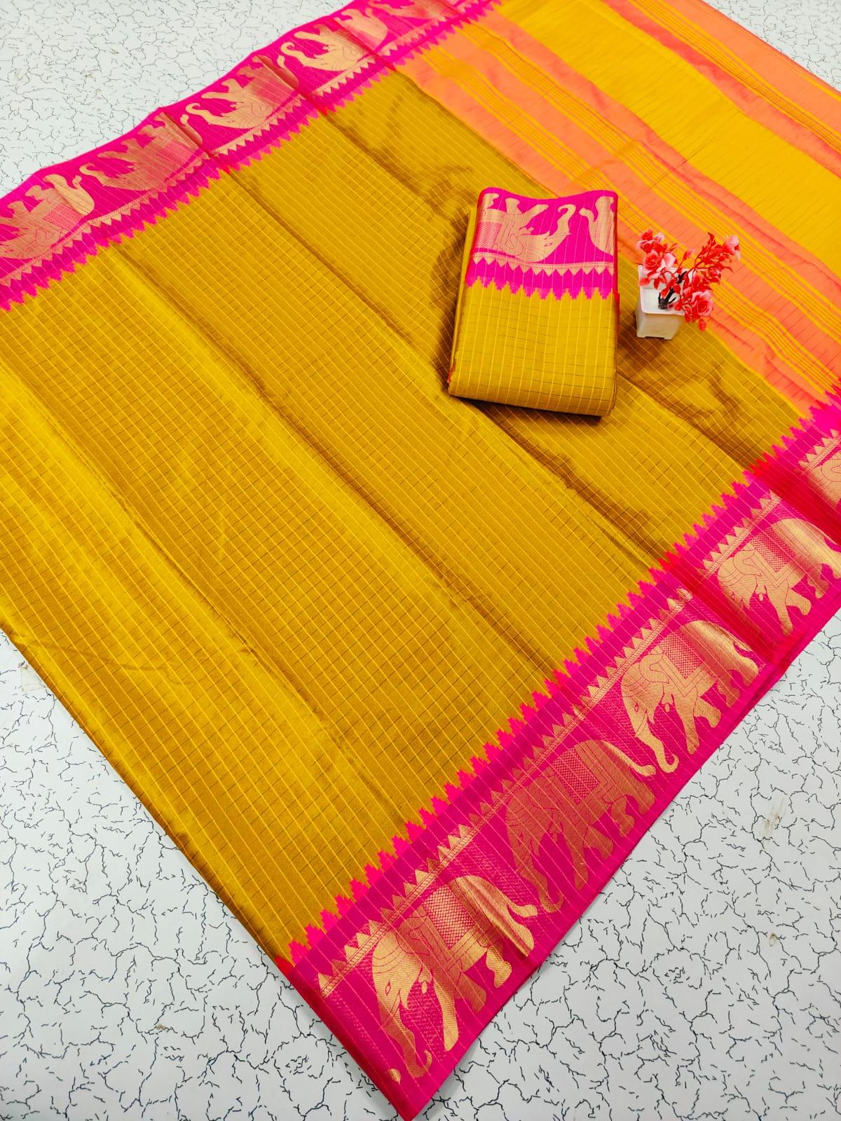Trending Rashmika Checked Fancy Cotton Sarees Collection - Image 5