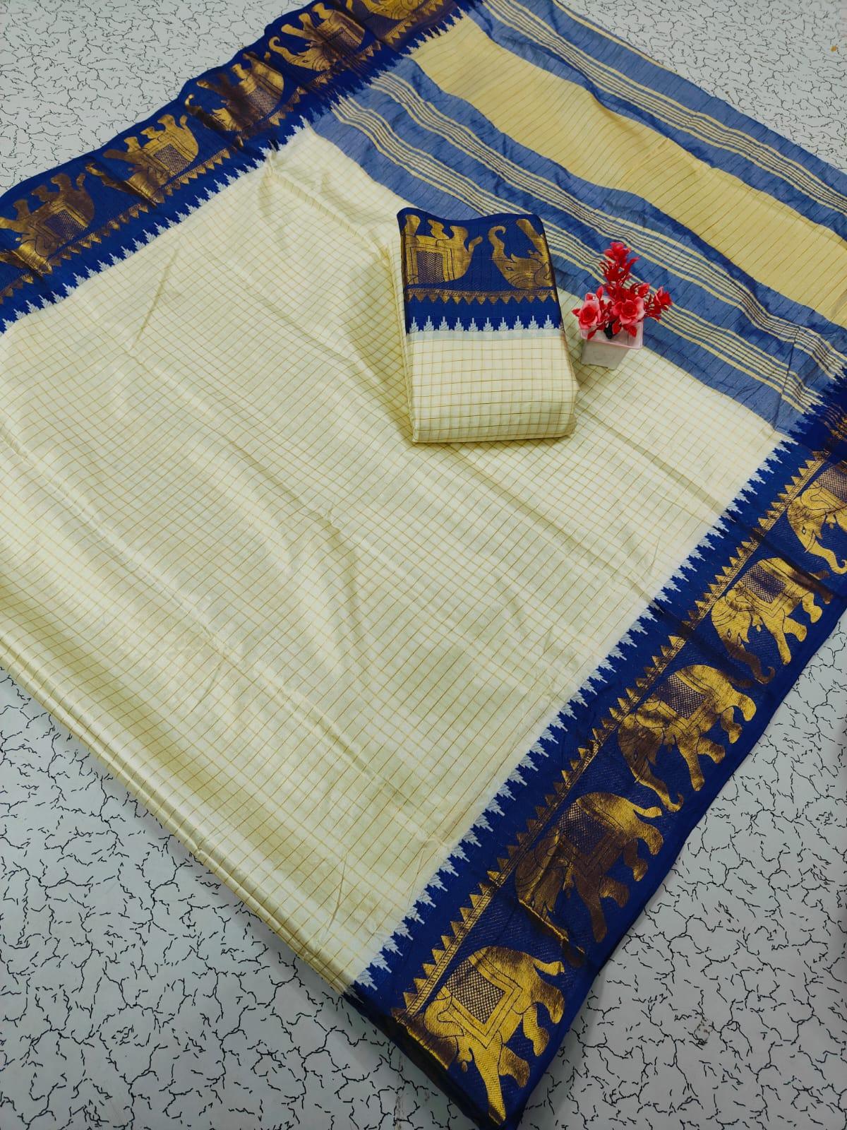 Trending Rashmika Checked Fancy Cotton Sarees Collection - Image 4