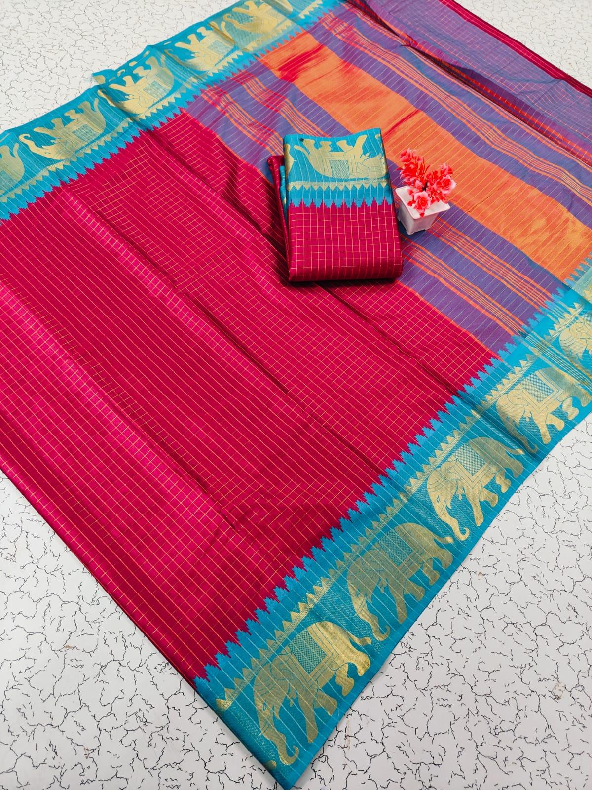 Trending Rashmika Checked Fancy Cotton Sarees Collection - Image 3