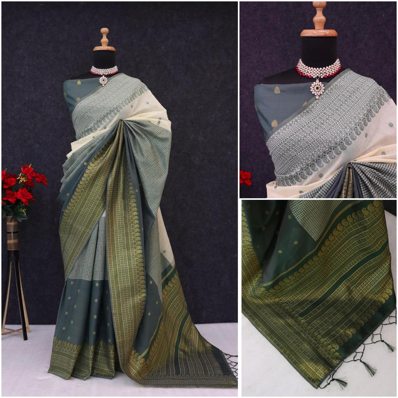 Kalyani Cotton With Gold Jari Silk Saree - Image 17