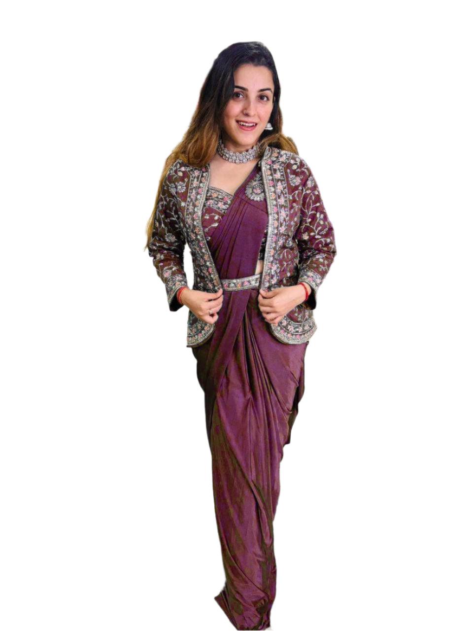 New Super Trending Embroidery Sequence Work Ready To Wear Saree With Full Koti - Image 7