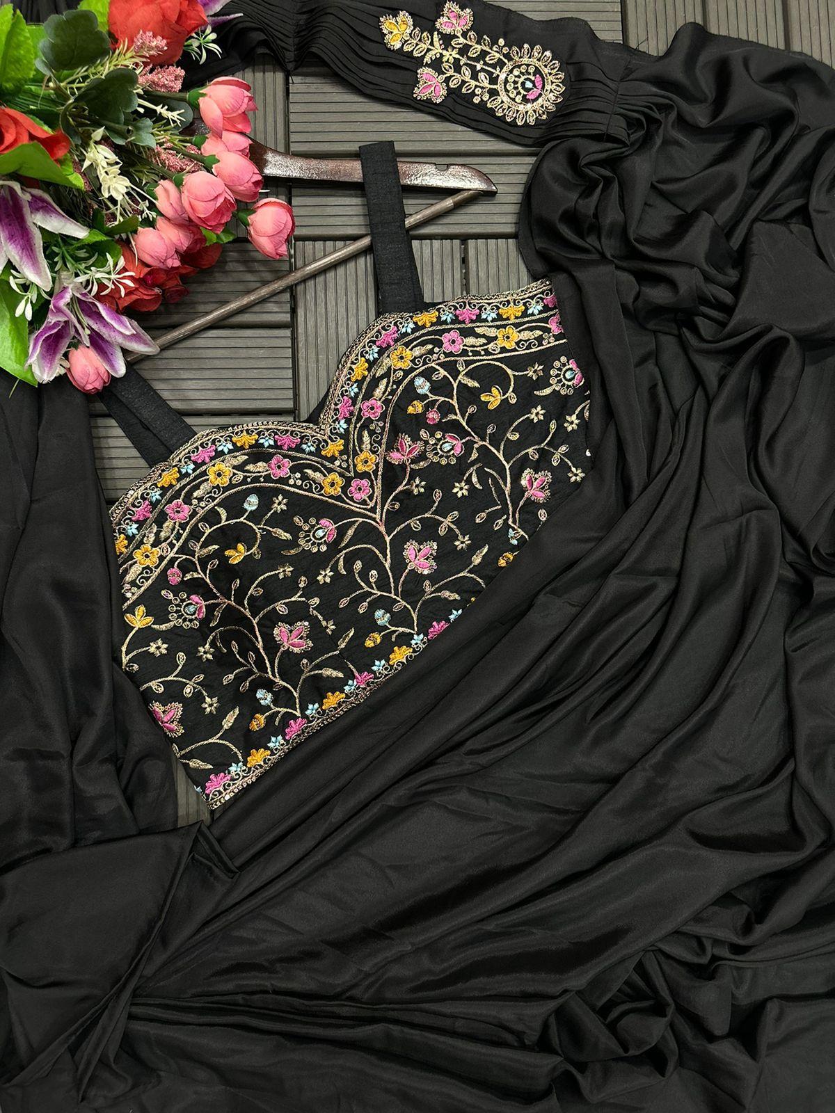 New Super Trending Embroidery Sequence Work Ready To Wear Saree With Full Koti - Image 5