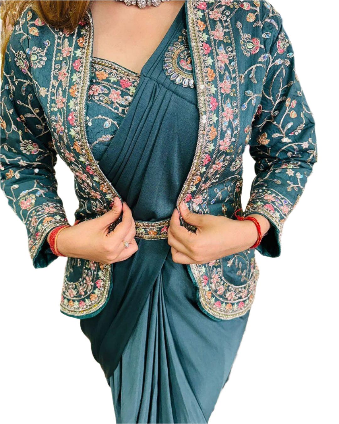 New Super Trending Embroidery Sequence Work Ready To Wear Saree With Full Koti - Image 2