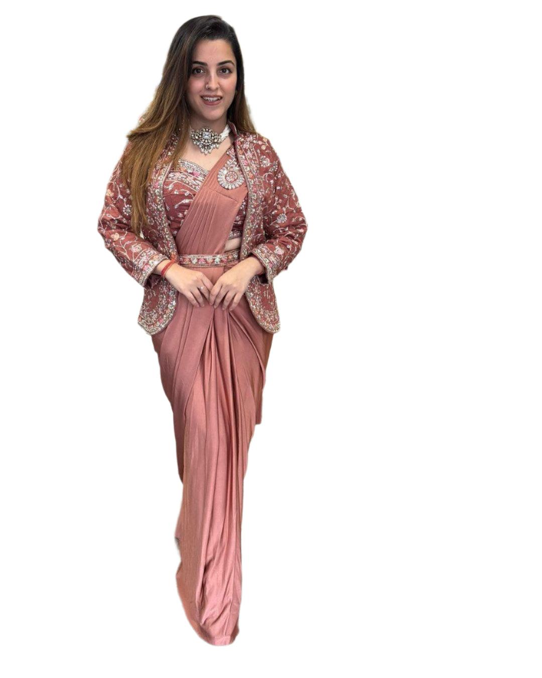 New Super Trending Embroidery Sequence Work Ready To Wear Saree With Full Koti - Image 8