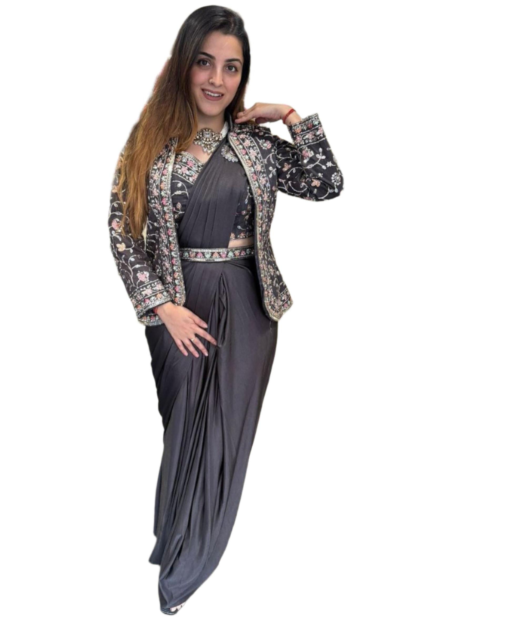New Super Trending Embroidery Sequence Work Ready To Wear Saree With Full Koti - Image 4