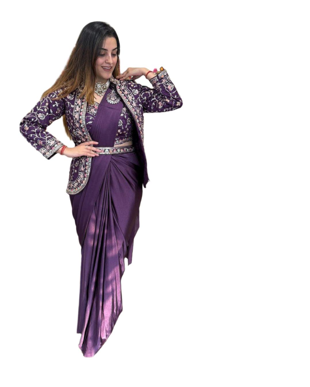 New Super Trending Embroidery Sequence Work Ready To Wear Saree With Full Koti - Image 3