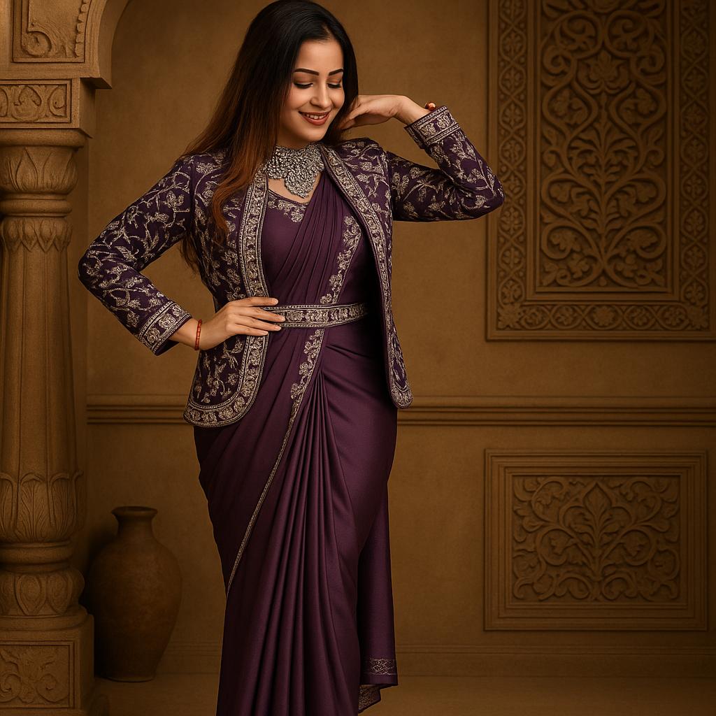 New Super Trending Embroidery Sequence Work Ready To Wear Saree With Full Koti - Image 9