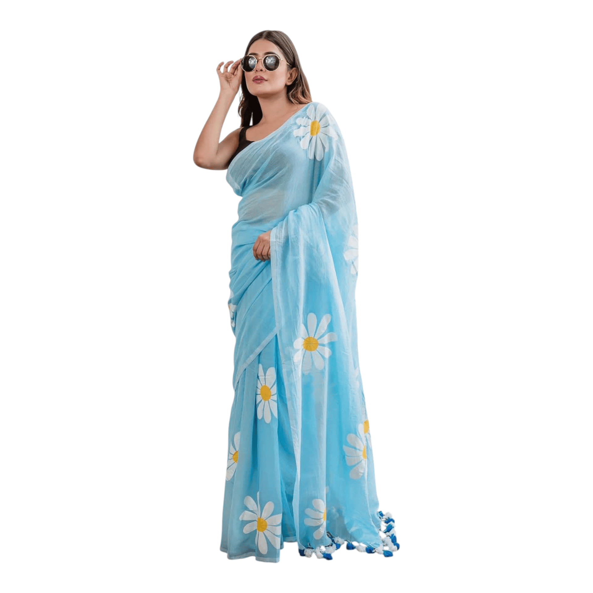 Linen Sarees With Tassels - Image 2